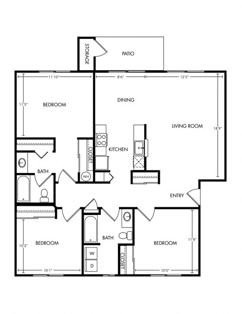 Westridge Apartments 3 Bed 2 Bath Floor Plan